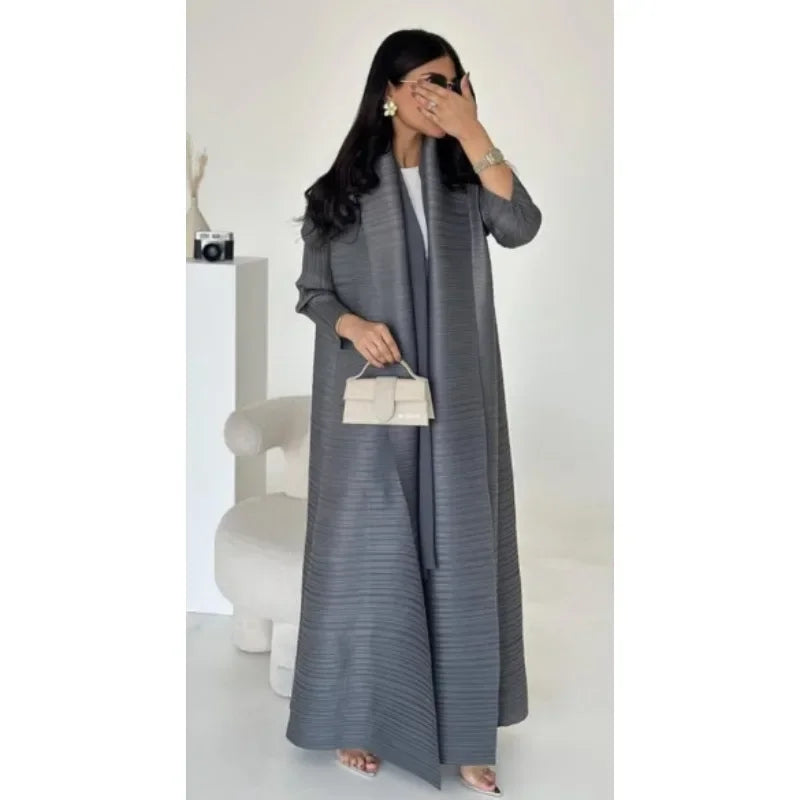 KAF Pleated Women Trench Coat Vintage Printed Cardigan Design Loose Plus Size Women Long Dress Dubai Female Luxury Abaya