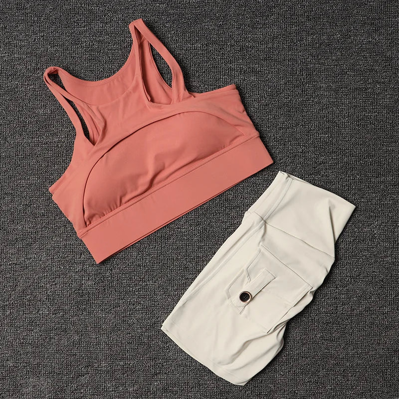 Fitness Shorts Yoga Sets Women's Tracksuit High Waist Sportswear Bra Workout Leggings Cycling Gym Shorts Sports Suit With Pocket
