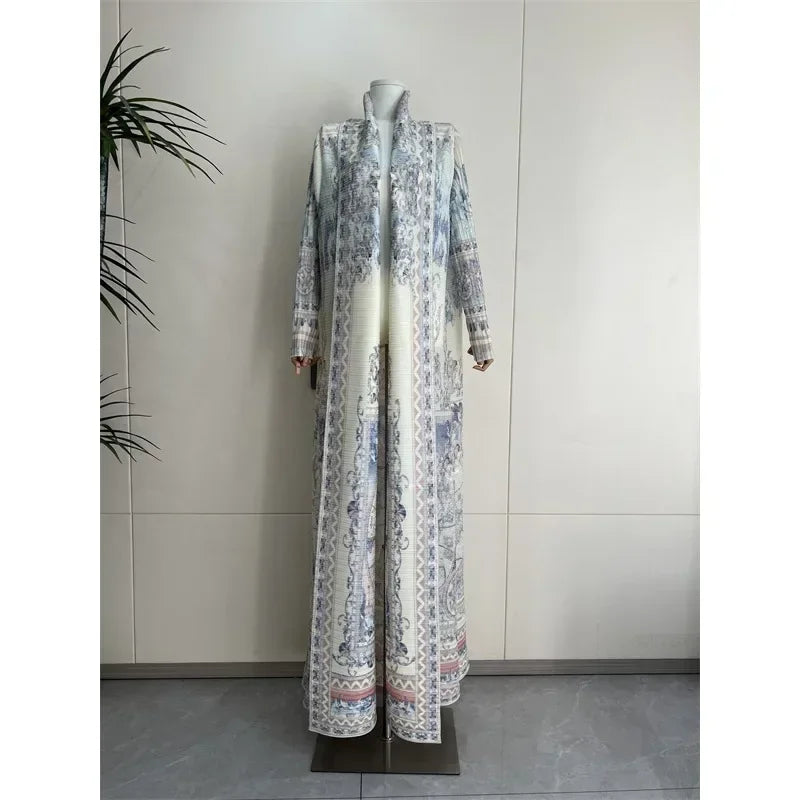 KAF Pleated Women Trench Coat Vintage Printed Cardigan Design Loose Plus Size Women Long Dress Dubai Female Luxury Abaya