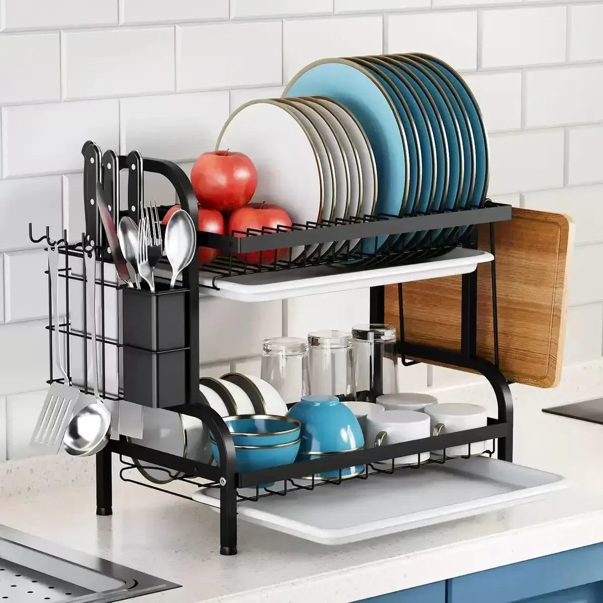 2-Tier Stainless Steel Dish Drainer Compact Kitchen Organizer with Utensil Holder Rustproof Countertop Storage