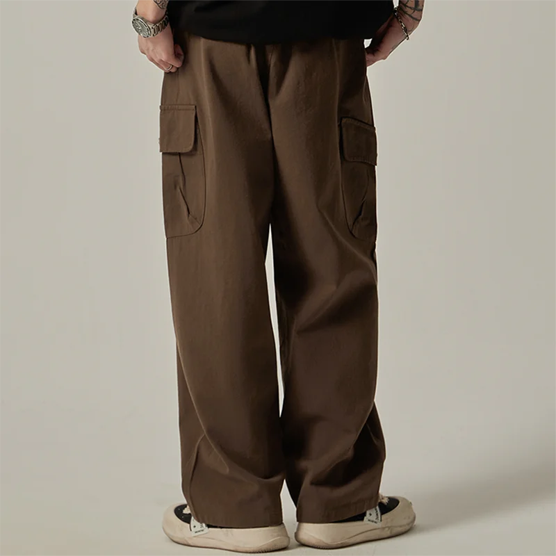 Men's Sweatpants Spring Autumn Vintage Japanese Wide Leg Straight Loose Button Big Pockets Cargo Pants Drawstring Trousers