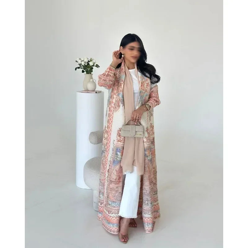 KAF Pleated Women Trench Coat Vintage Printed Cardigan Design Loose Plus Size Women Long Dress Dubai Female Luxury Abaya