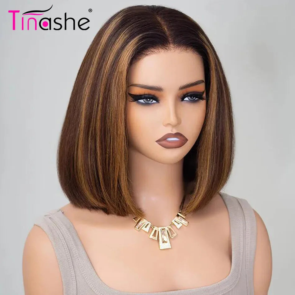 Tinashe Glueless Highlight Straight Bob Wig 6×5 HD Lace Wig Bleached Knot Short Human Hair Wigs