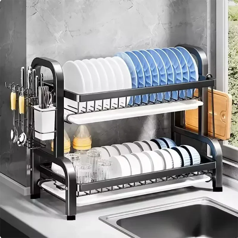 2-Tier Stainless Steel Dish Drainer Compact Kitchen Organizer with Utensil Holder Rustproof Countertop Storage