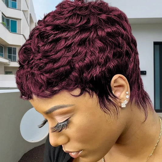 pixie cut 99j brown color 4inch150% density machine made short straight layered human hair wigs for women daily use remy wig