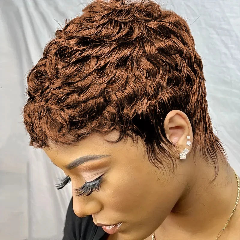 pixie cut 99j brown color 4inch150% density machine made short straight layered human hair wigs for women daily use remy wig