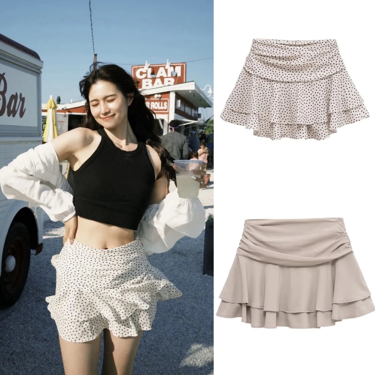 ETJ 2025  women's summer new sexy fashion hot girl style flouncy stacked decoration mid-waist short skirt pants