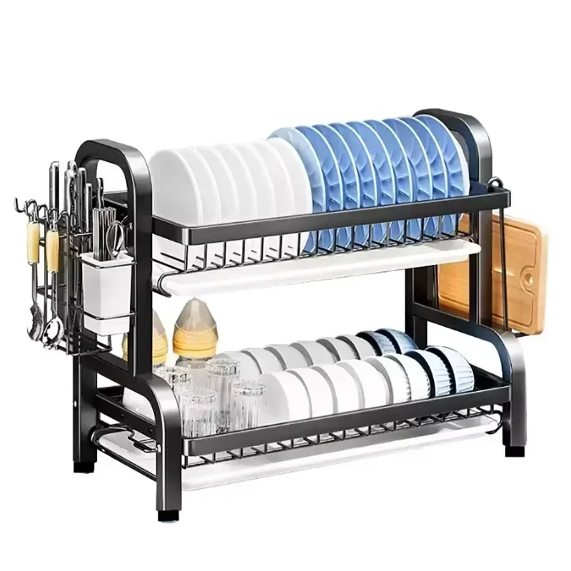 2-Tier Stainless Steel Dish Drainer Compact Kitchen Organizer with Utensil Holder Rustproof Countertop Storage