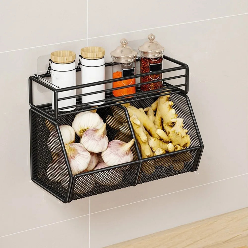 Wall Mounted Kitchen Storage Basket Punch-Free Grid Spice Storage Shelf Carbon Steel Onion Ginger Garlic Rack