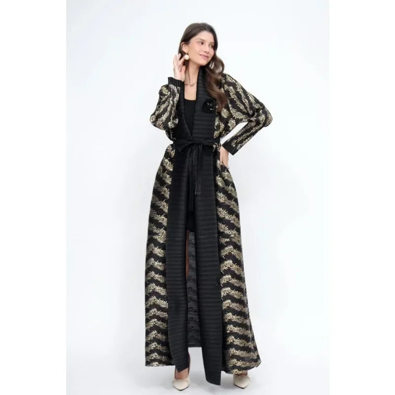 KAF Pleated Women Trench Coat Vintage Printed Cardigan Design Loose Plus Size Women Long Dress Dubai Female Luxury Abaya