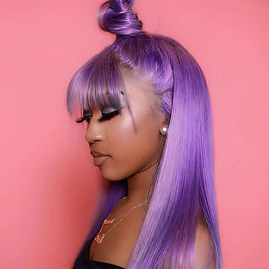 Purple Color Straight Human Hair Wig HD Transparent Glueless PrePlucked Lace Front Wig Lavender Violet Purple Human Hair Wigs