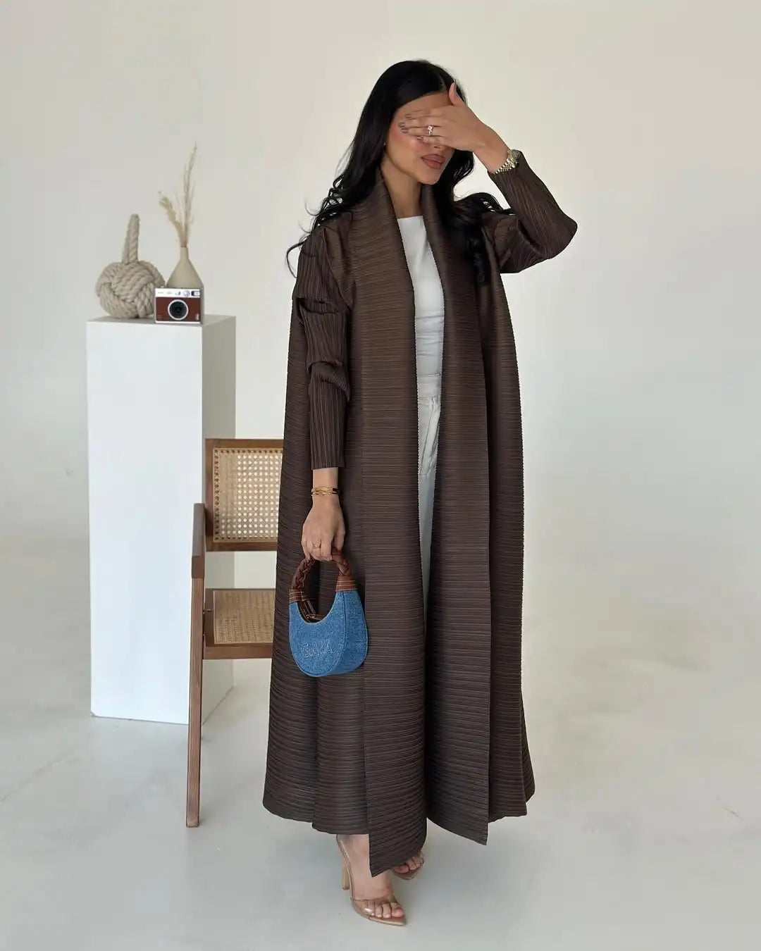 KAF Pleated Women Trench Coat Vintage Printed Cardigan Design Loose Plus Size Women Long Dress Dubai Female Luxury Abaya