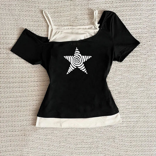 Women's Harajuku  Summer Casual T-Shirt Y2K Retro Streetwear Halter Neck Print Fake Two-Piece Set Fashionable Street Style