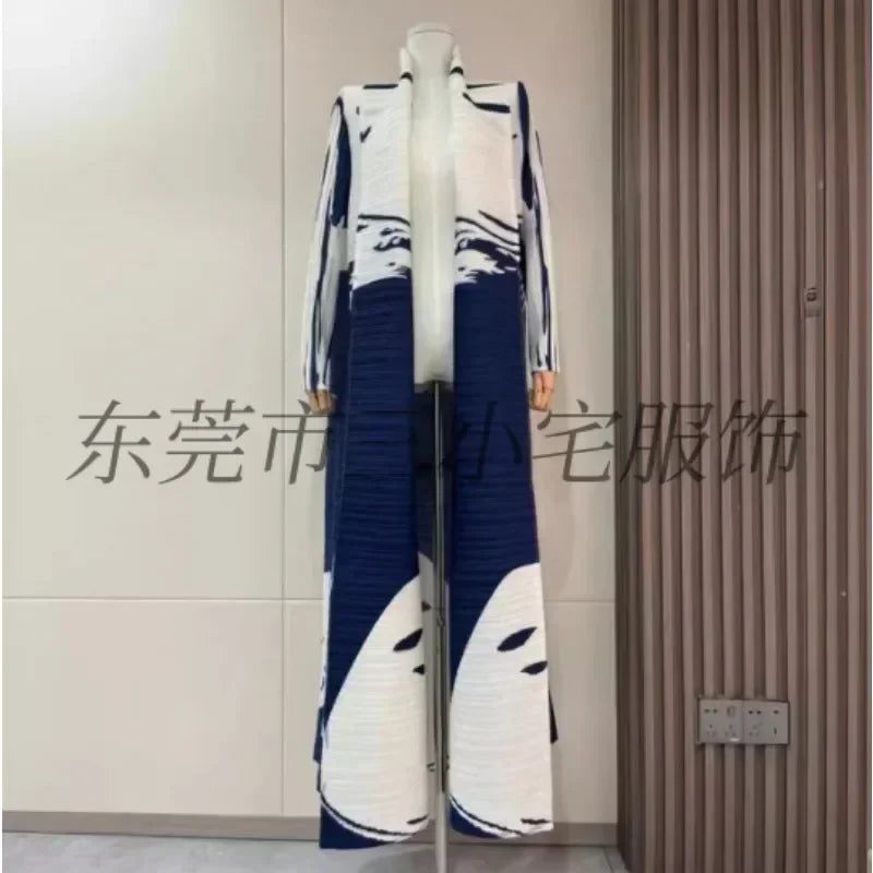 KAF Pleated Women Trench Coat Vintage Printed Cardigan Design Loose Plus Size Women Long Dress Dubai Female Luxury Abaya