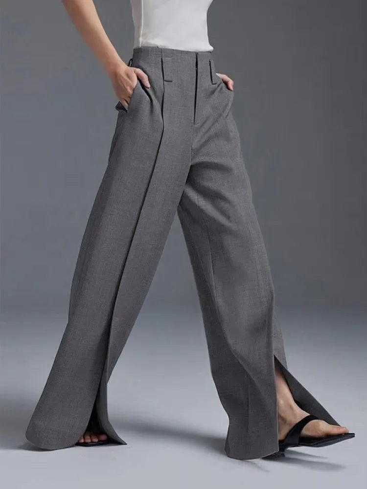 Yeezzi Urban Female Business Suit Pants 2025 New Fashion Black White Loose Straight Pant High-Waist Pleated Split-Front Trousers