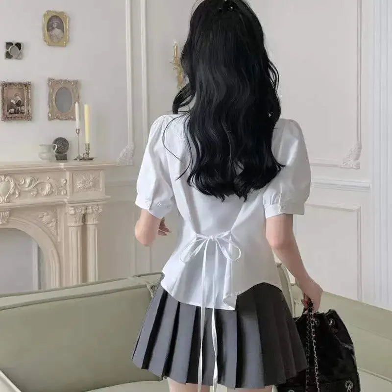 Preppy Bandage Basic White Shirt Women Slim Long Sleeve Cute Top School Button Down Tunic Shirts Blouse Female Casual Lady