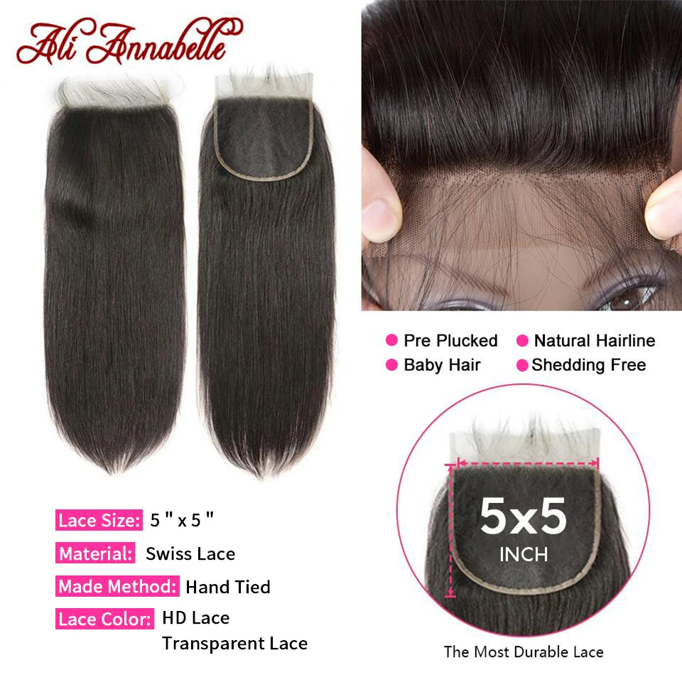 5x5 HD Lace Closure Brazilian Straight Human Hair Lace Closure 100% Human Hair Middle Free Part 5x5 Lace Closure