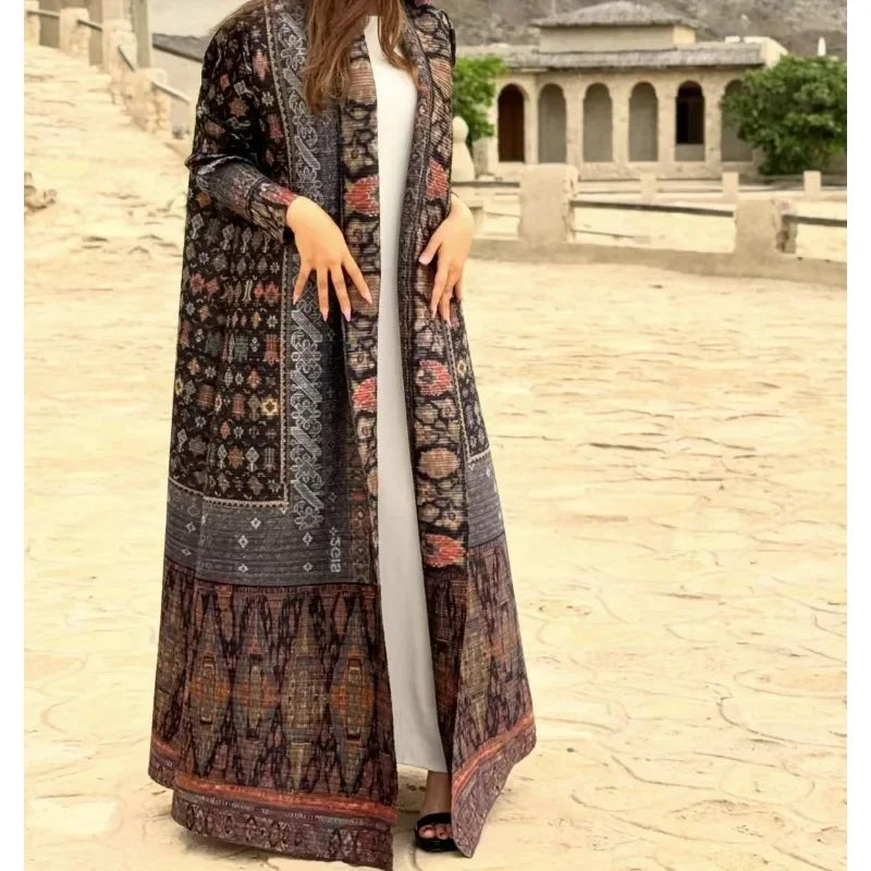 KAF Pleated Women Trench Coat Vintage Printed Cardigan Design Loose Plus Size Women Long Dress Dubai Female Luxury Abaya