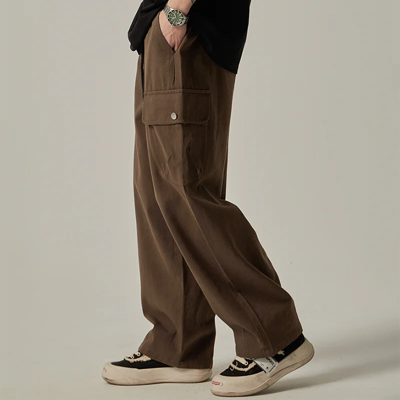 Men's Sweatpants Spring Autumn Vintage Japanese Wide Leg Straight Loose Button Big Pockets Cargo Pants Drawstring Trousers