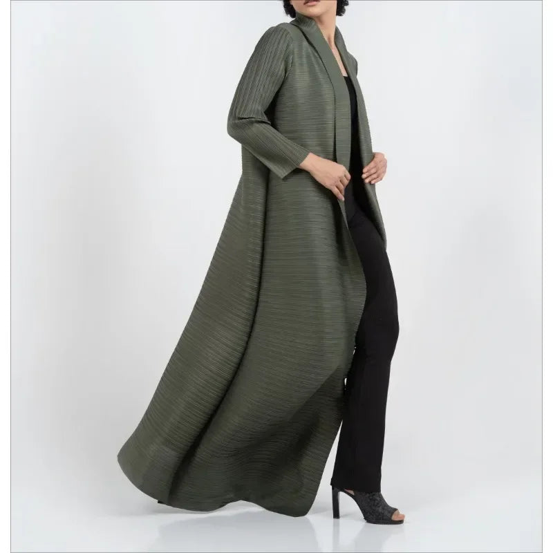 KAF Pleated Women Trench Coat Vintage Printed Cardigan Design Loose Plus Size Women Long Dress Dubai Female Luxury Abaya