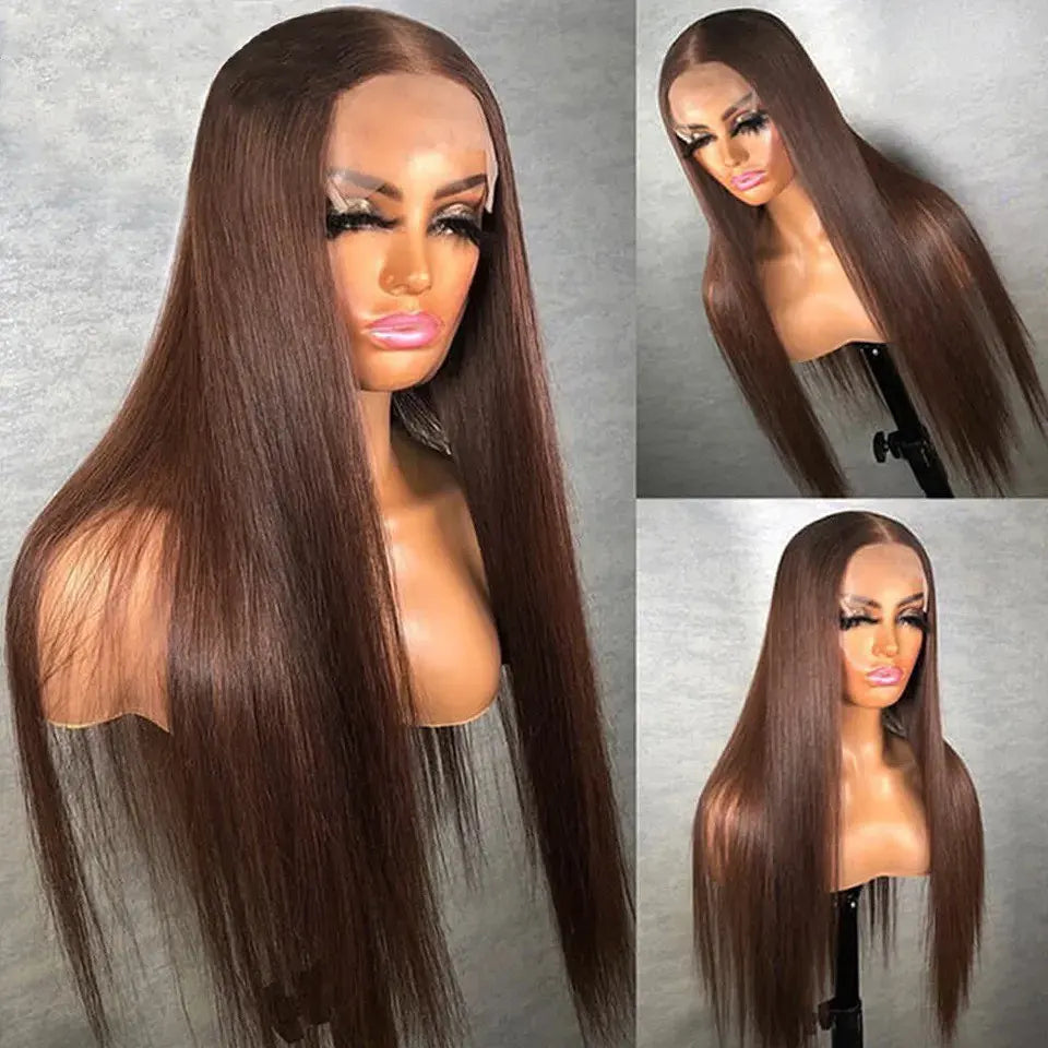 13x6 Chocolate Brown Bone Straight HD Lace Front Wig 30 Inch Lace Frontal Wig Human Hair Pre Plucked #4 Colored Human Hair Wigs