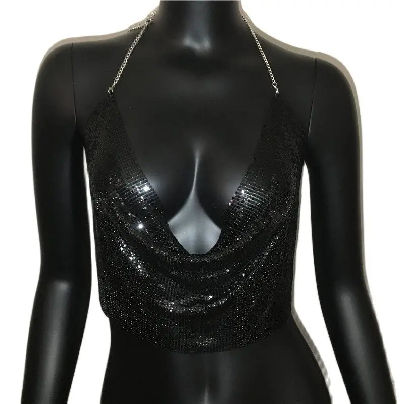 AKYZO Women  Sexy Metal Sequined Tank Camis Summer Gold Silver Backless Cropped Glitter Beach Club Show Wear Tank Tops