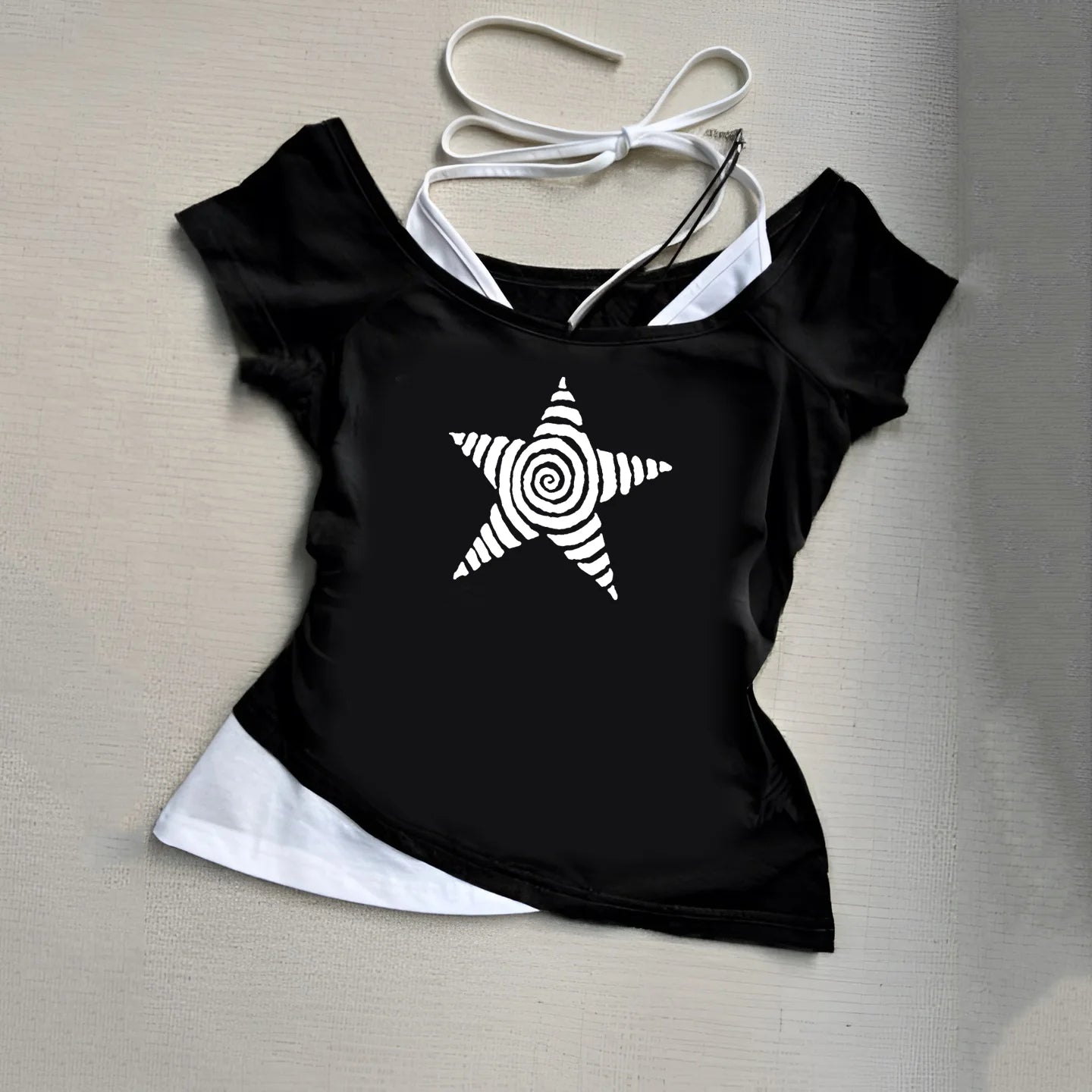 Women's Harajuku  Summer Casual T-Shirt Y2K Retro Streetwear Halter Neck Print Fake Two-Piece Set Fashionable Street Style