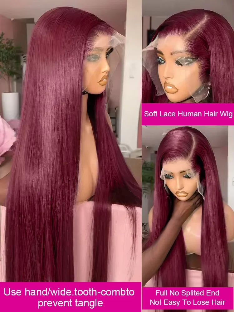 250 Density 30 32 34 inch 99J Burgundy 13x4 Lace Front Wig For Women Brazilian Glueless HD Lace Frontal Human Hair Wigs Prepluck