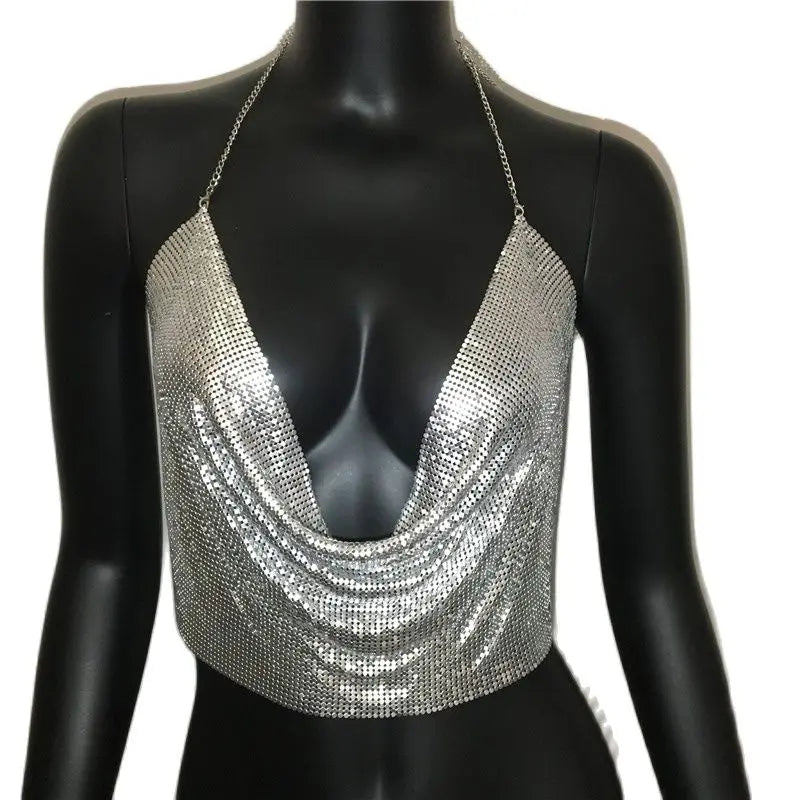 AKYZO Women  Sexy Metal Sequined Tank Camis Summer Gold Silver Backless Cropped Glitter Beach Club Show Wear Tank Tops