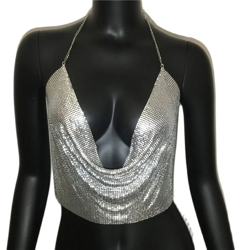 AKYZO Women  Sexy Metal Sequined Tank Camis Summer Gold Silver Backless Cropped Glitter Beach Club Show Wear Tank Tops