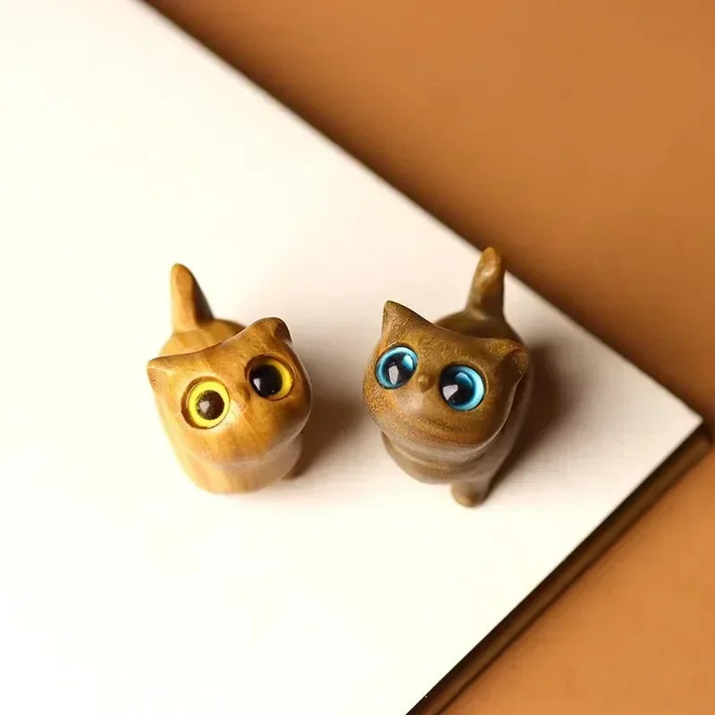 Cute Small Wooden Cats Figurine Handmade Carving Cats Home Decoration Figurine Gift Cats Accessories Decoration Crafts Figurines