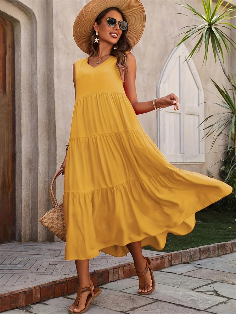 Women Dress Summer Casual Brand Dresses Elegant Yellow Black Dress Femme