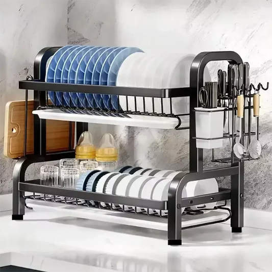 2-Tier Stainless Steel Dish Drainer Compact Kitchen Organizer with Utensil Holder Rustproof Countertop Storage