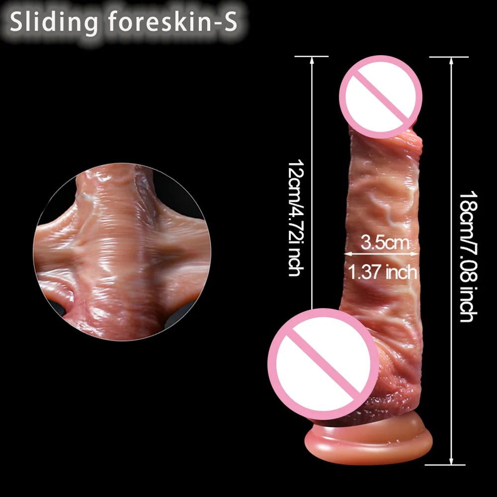 2 in1 Super Realistic Dildo Penis Sliding Foreskin+Ejaculating Big Dick Penetration Anal Female Masturbation Sexy Adult Sex toys