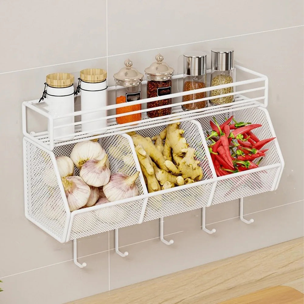 Wall Mounted Kitchen Storage Basket Punch-Free Grid Spice Storage Shelf Carbon Steel Onion Ginger Garlic Rack
