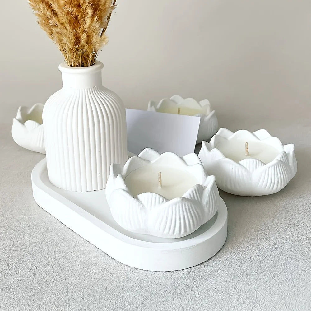 Lotus Striped Vase Tray Silicone Mold Set DIY Epoxy Resin Plaster Mold for Flower Arrangement Aroma Clay Craft Home Decoration