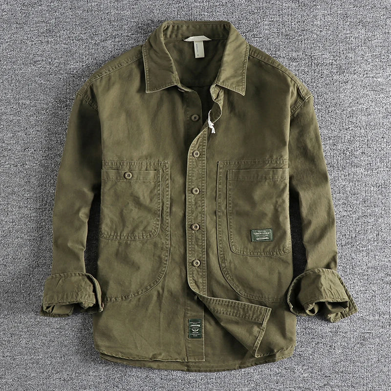 Classic Retro Work Shirt with Distressed and Heavy Washed Design, A Timeless Style for Everyday Wear
