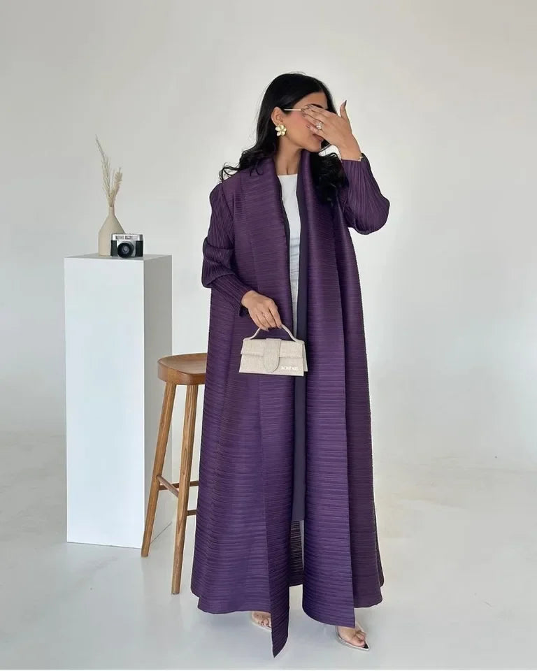 KAF Pleated Women Trench Coat Vintage Printed Cardigan Design Loose Plus Size Women Long Dress Dubai Female Luxury Abaya