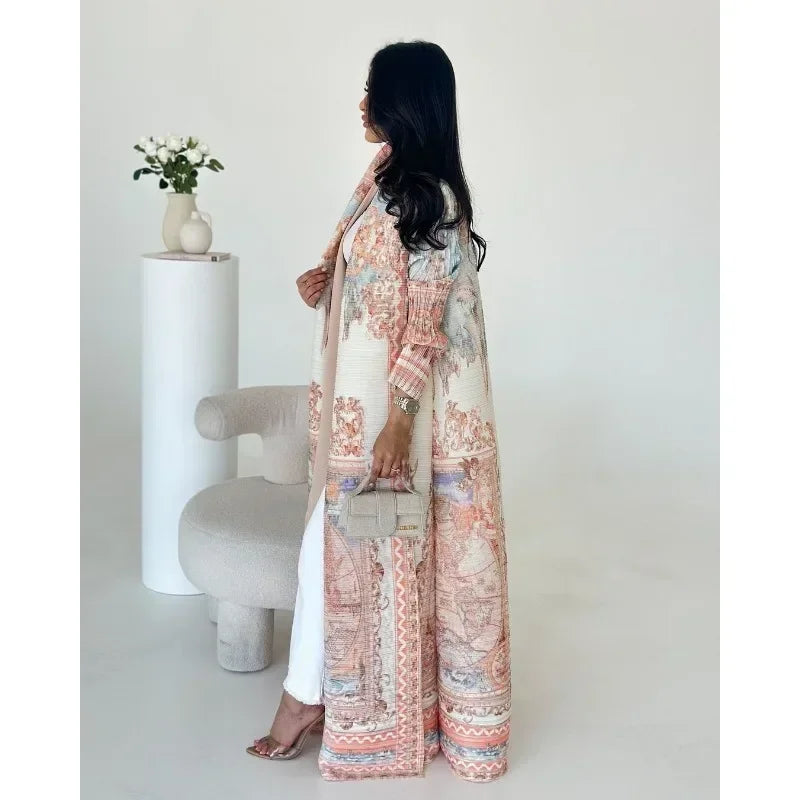 KAF Pleated Women Trench Coat Vintage Printed Cardigan Design Loose Plus Size Women Long Dress Dubai Female Luxury Abaya