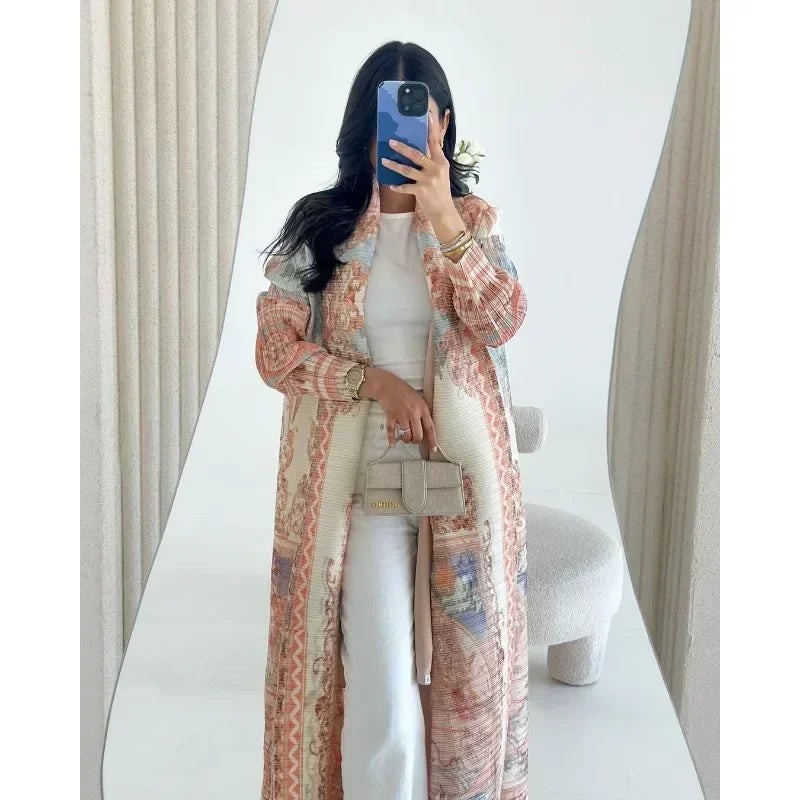 KAF Pleated Women Trench Coat Vintage Printed Cardigan Design Loose Plus Size Women Long Dress Dubai Female Luxury Abaya