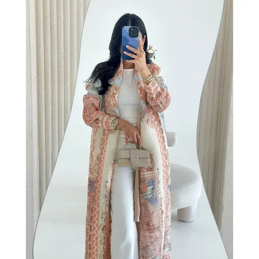 KAF Pleated Women Trench Coat Vintage Printed Cardigan Design Loose Plus Size Women Long Dress Dubai Female Luxury Abaya