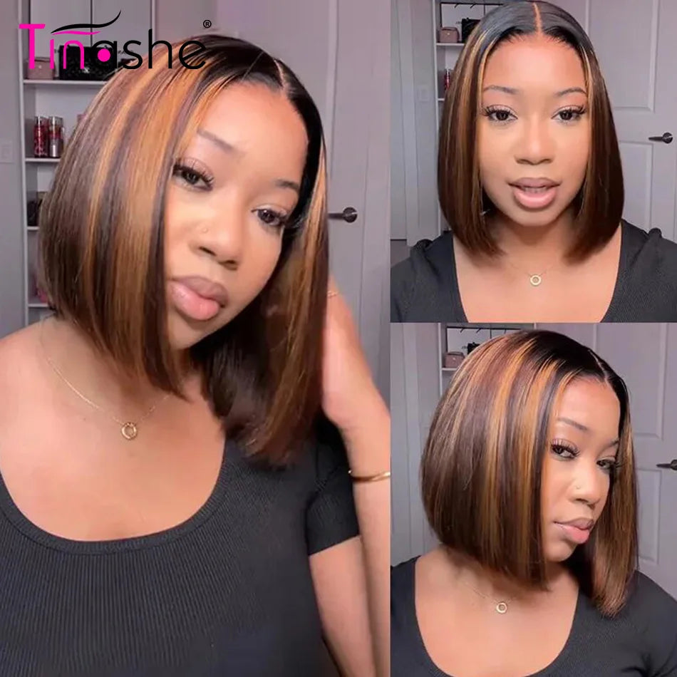 Tinashe Glueless Highlight Straight Bob Wig 6×5 HD Lace Wig Bleached Knot Short Human Hair Wigs