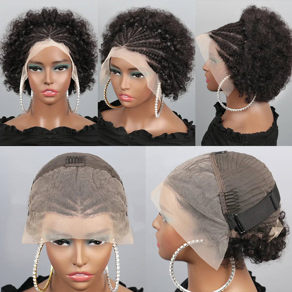 Afro Puff 13x4 Lace Frontal Human Hair With Pre Made Cornrow Braided Kinky Curly Wig With Baby HairHair Wig for Woman