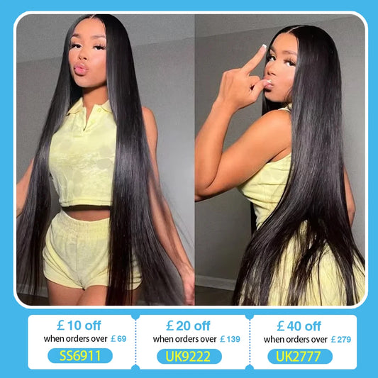 40 42 46 inches 200 Density Straight 13x6 HD Transparent Lace Natural Color Brazilian Human Hair Wig For Women Frontal Lace Wig