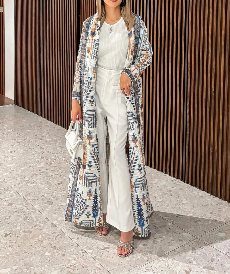 KAF Pleated Women Trench Coat Vintage Printed Cardigan Design Loose Plus Size Women Long Dress Dubai Female Luxury Abaya