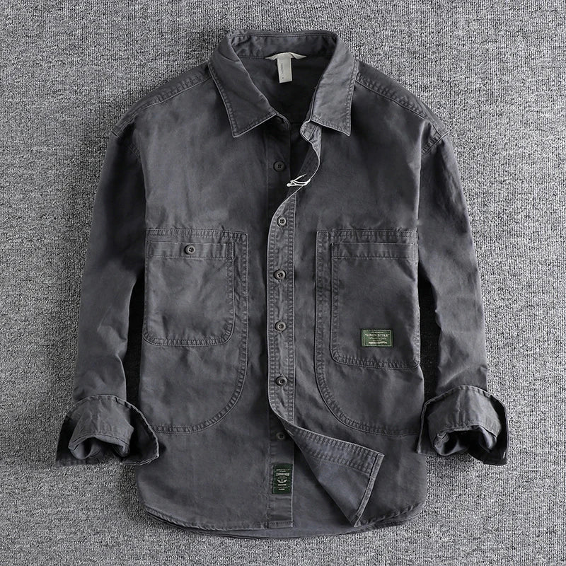 Classic Retro Work Shirt with Distressed and Heavy Washed Design, A Timeless Style for Everyday Wear