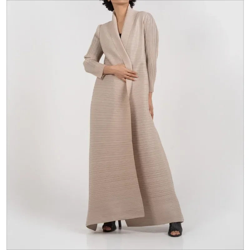 KAF Pleated Women Trench Coat Vintage Printed Cardigan Design Loose Plus Size Women Long Dress Dubai Female Luxury Abaya
