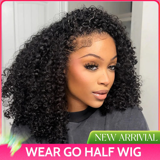 ISEE Glueless Human hair Wigs Kinky Curly Headband Wig Upgrade 3 IN 1 Half Wig With Drawstring Seamless Clip Ins Flip Over