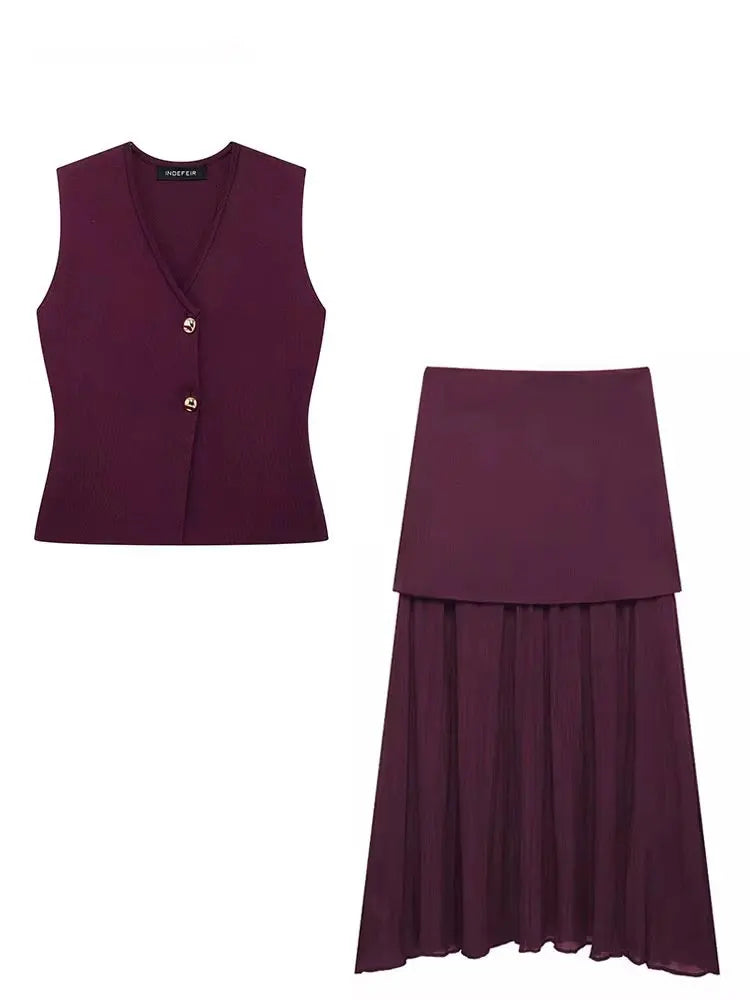 HH Women Skirt Set Wine Red Knitted V-Neck Sleeveless Slim Vest +Solid High Waist Zipper Patchwork Long Skirt Street