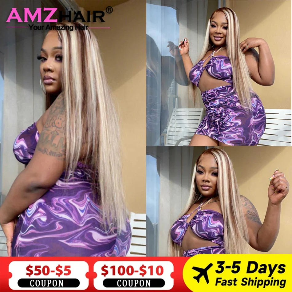 Bone Straight Blonde With Brown 4/613 Colored Human Hair Wigs Vietnamese Double Drawn 13x4 Lace Front Wig For Women Pre Plucked